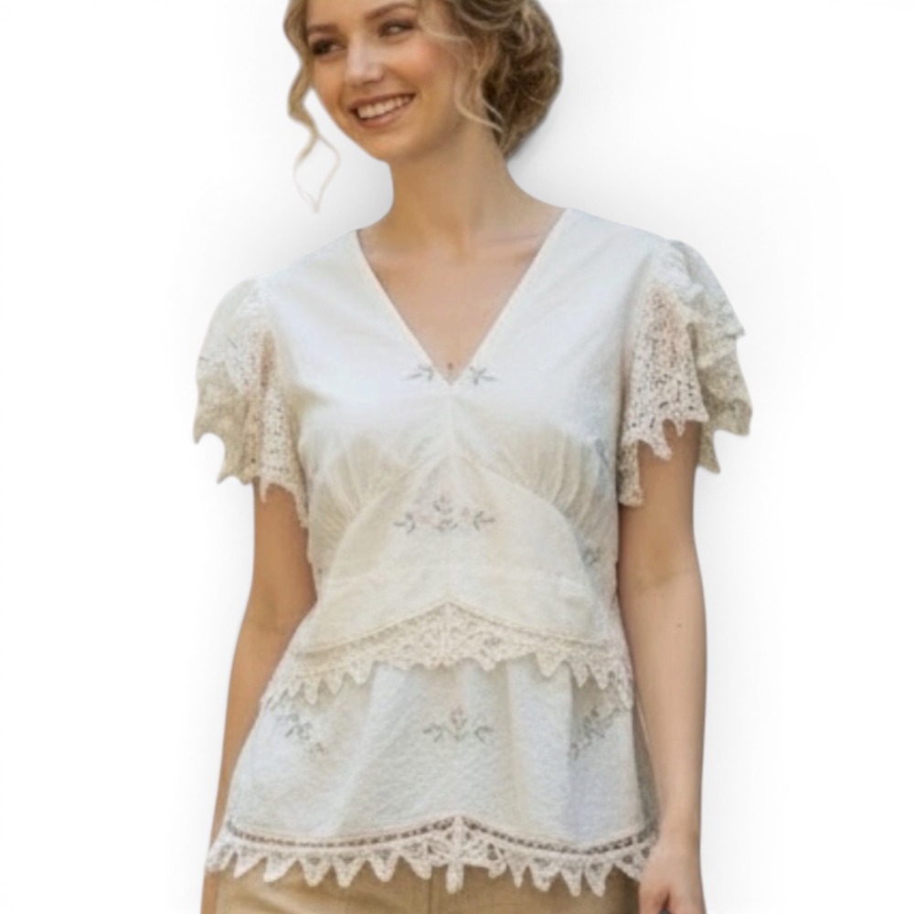 Boho Floral Embroidered Crochet Lace Trim V-Neck Blouse Cream Short Slv Top Sz L
